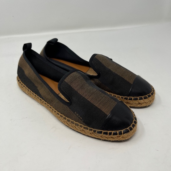 Fendi Pequin Canvas Striped Espadrilles Shoes Black Brown - Picture 1 of 9